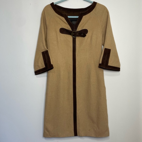 Coach 1941 Brown Camel Fur Trimmed Shift Tent Silk Lined Midi Dress 4 - Picture 3 of 8